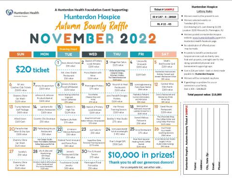 A graphic of prizes for a Hunterdon Hospice November 2022 fundraiser.
